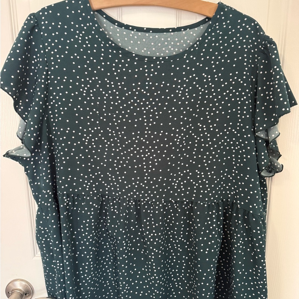 SHEIN green and white Polka Dot Ruffle Sleeve Blouse